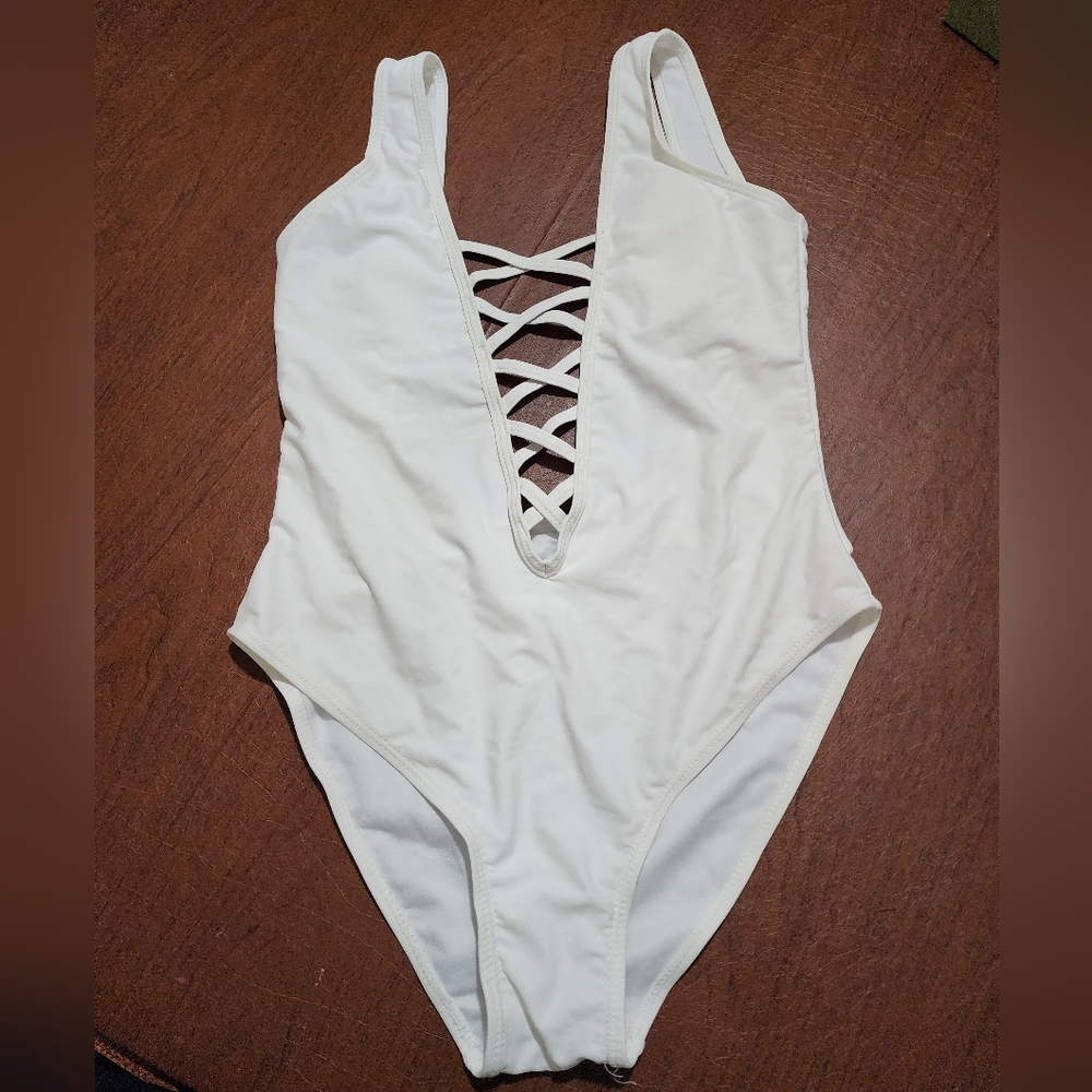 White One-Piece Swimsuit with Crisscross Front